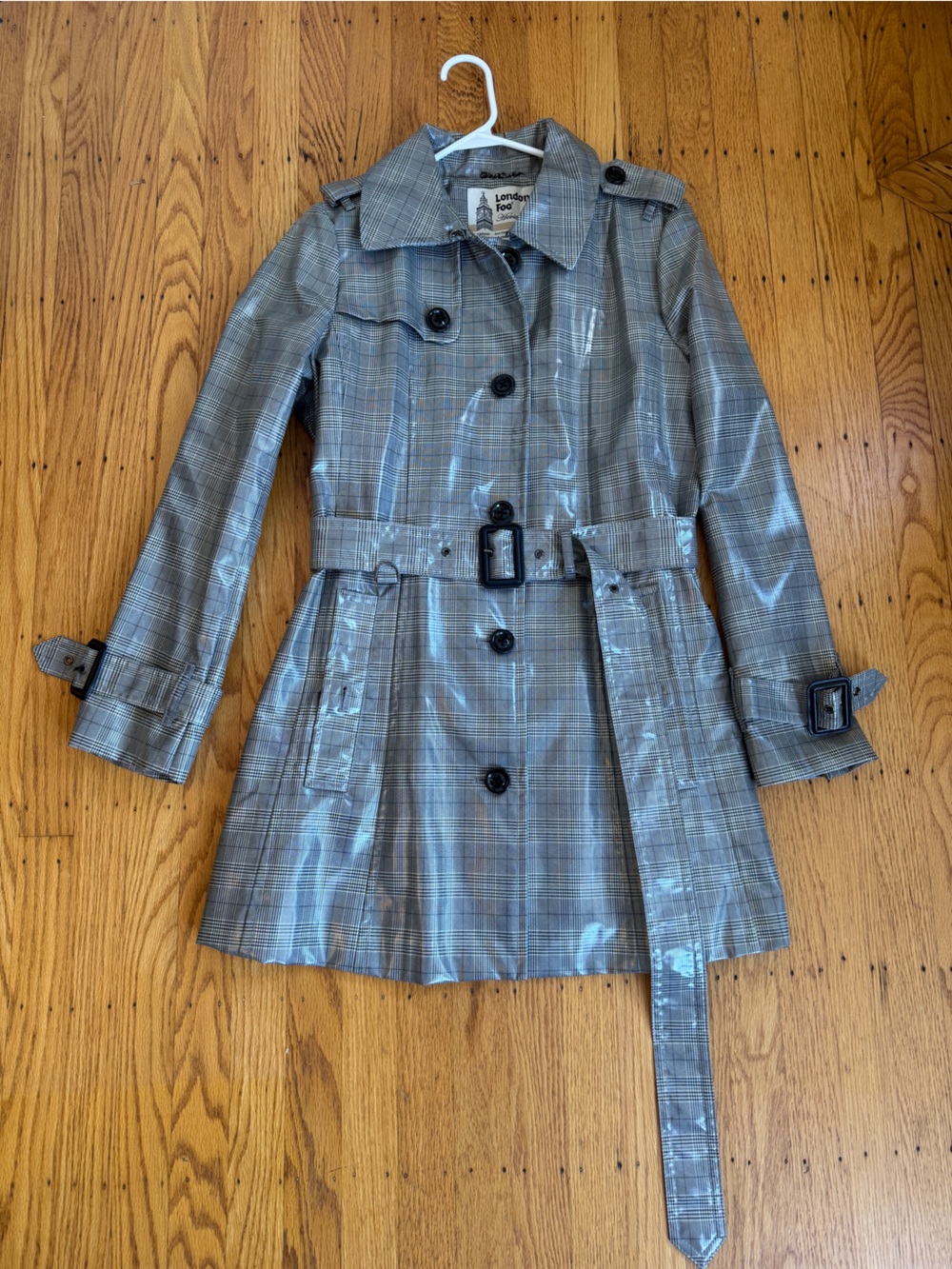 London Fog Gray Plaid Glossy Trench Coat